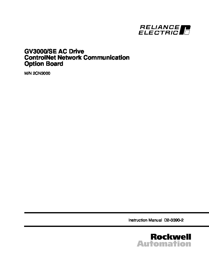 First Page Image of 0-56936-103AA GV3000_SE AC Drive ControlNet Network Communication Option Board Instruction Manual D2-3390.pdf